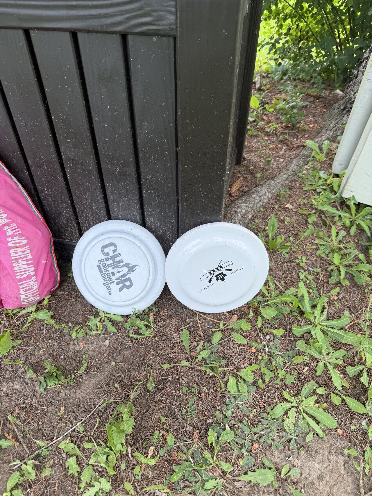 Dos frisbees blancos con texto negro y una bolsa rosa con texto blanco al lado de una cerca negra.