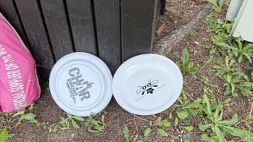 Dos frisbees blancos con texto negro y una bolsa rosa con texto blanco al lado de una cerca negra.