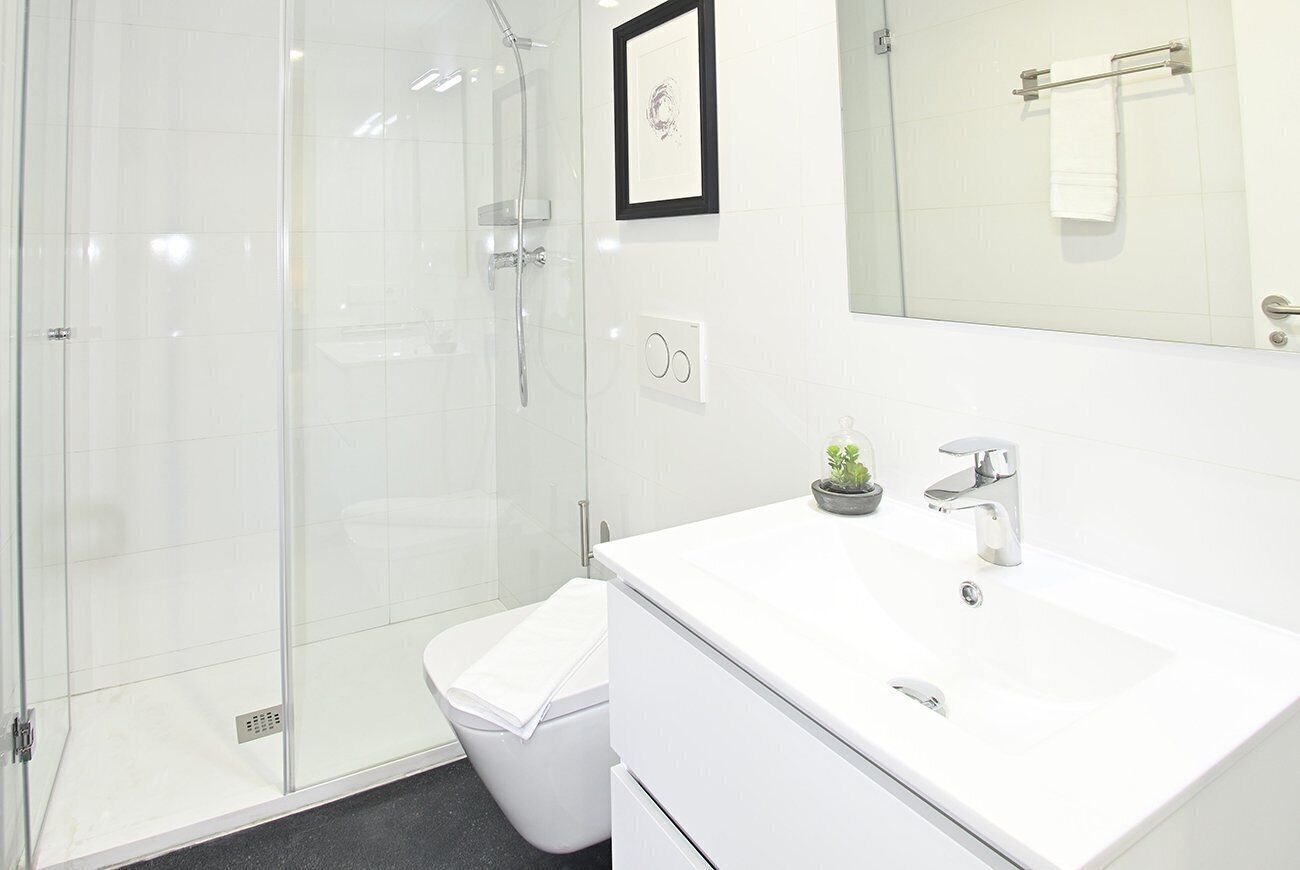A modern bathroom with a glass-enclosed shower, a white sink with a small plant, and a framed picture on the wall.