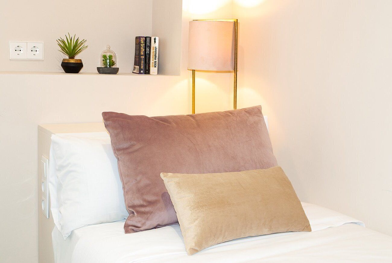 Un letto con due cuscini, una lampada da comodino, uno scaffale con libri e piante, e una presa di corrente.