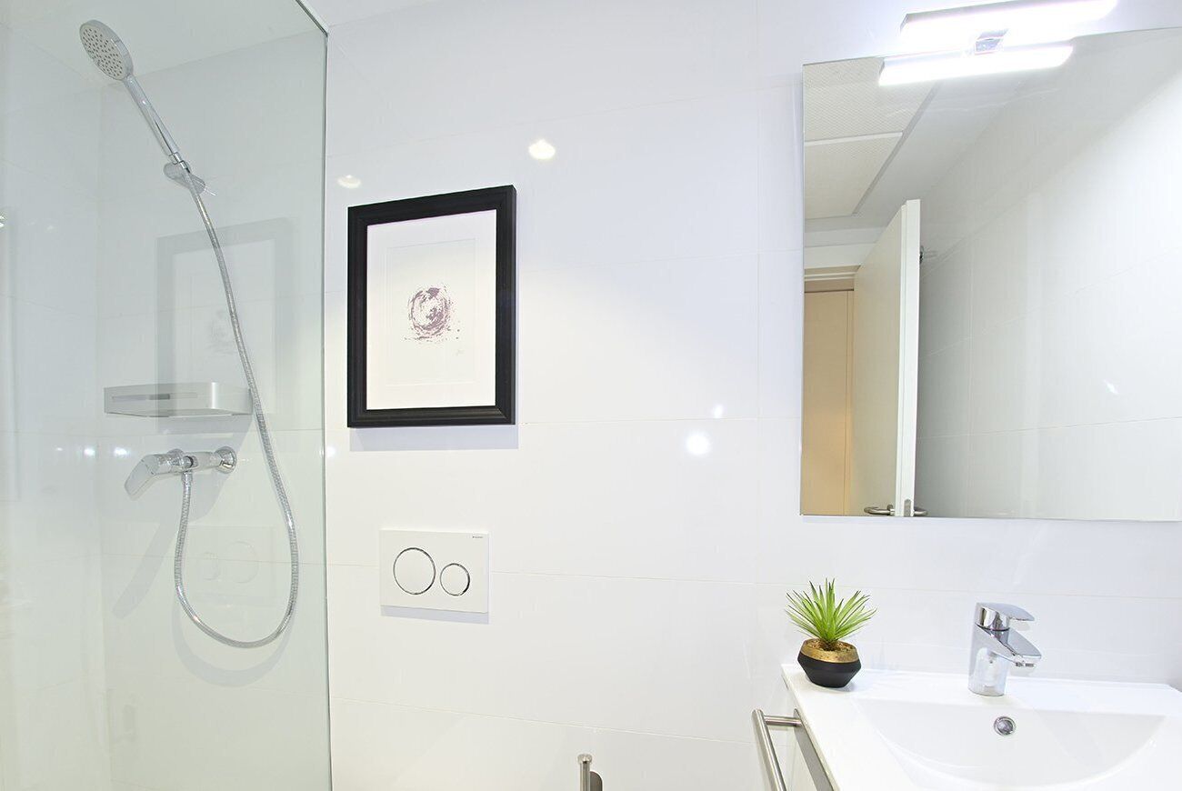 Ein modernes Badezimmer mit Duschkabine aus Glas, einem gerahmten Bild an der Wand, einem kleinen Topfpflanzen auf dem Waschtisch und einem großen Spiegel darüber.