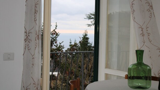 A room with a view of trees and a cloudy sky through a window.