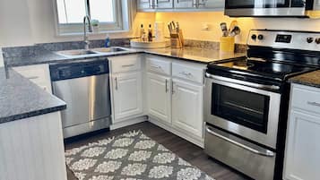 Fridge, microwave, coffee/tea maker, cookware/dishes/utensils