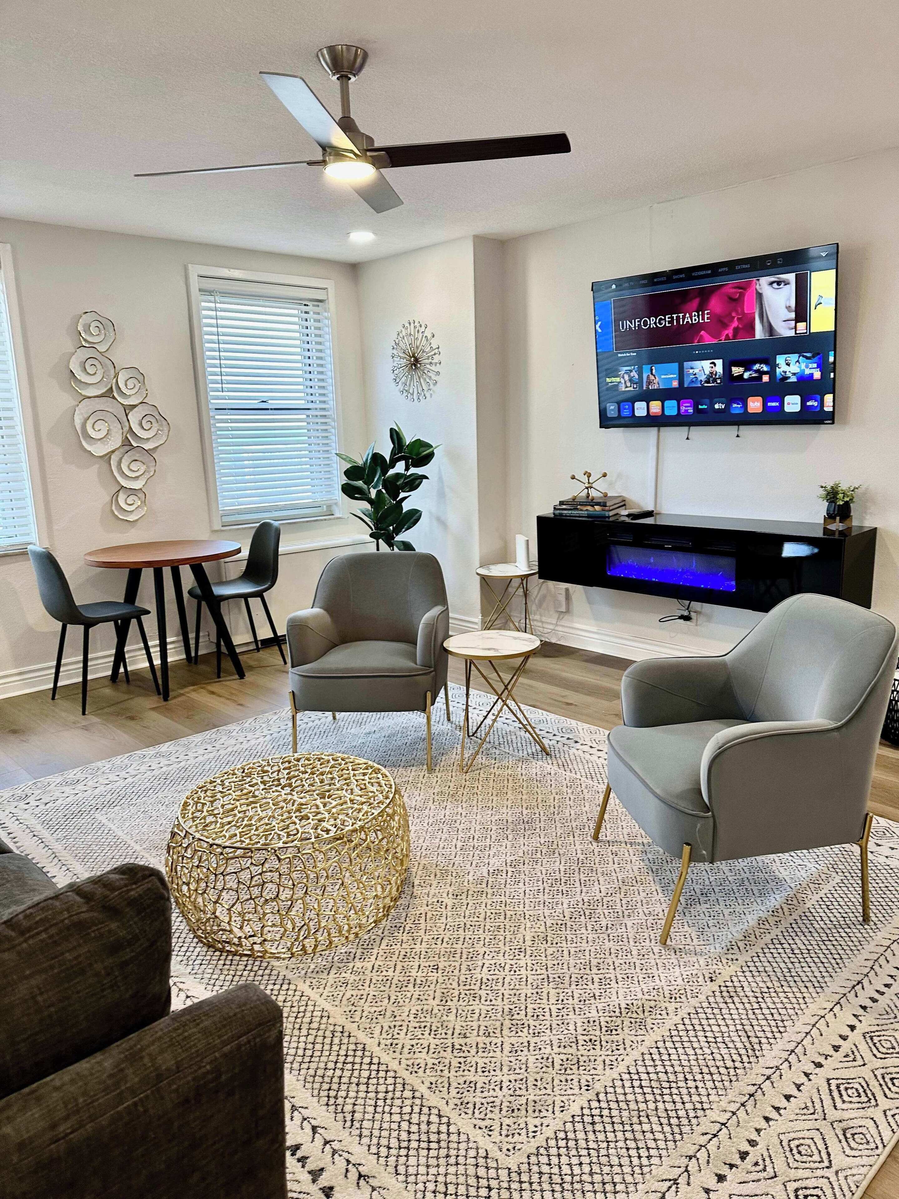 TV, fireplace, offices