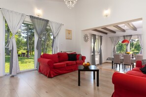 Télévision, cheminée, baby-foot