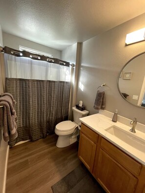 Hair dryer, towels, soap, shampoo