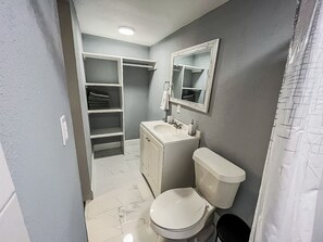 A compact bathroom with a toilet, sink, and mirror. - Modern space in the heart of Tampa (Tampa)