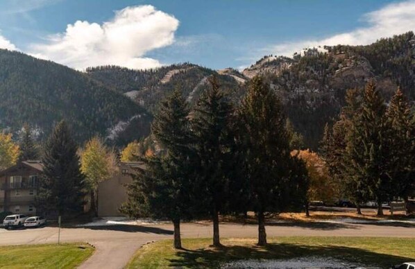 Zona residencial con casas, árboles y una montaña al fondo.