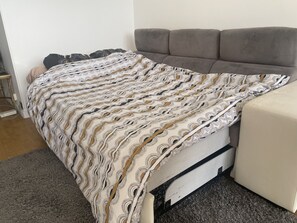 1 bedroom, desk, iron/ironing board, travel crib