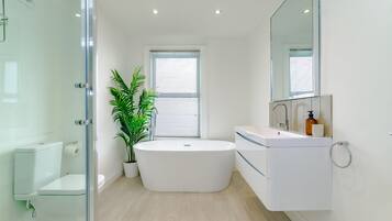 Hair dryer, towels, soap, toilet paper