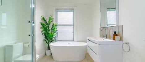 Hair dryer, towels, soap, toilet paper