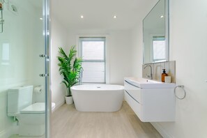 Hair dryer, towels, soap, toilet paper