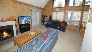 Uma sala de estar aconchegante com lareira, televisão, sofá e mesa de centro.
