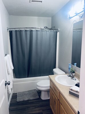 Hair dryer, towels, soap, shampoo