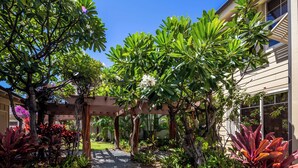 A garden pathway leading to a wooden pergola with lush greenery and flowering plants. - Hale Laki Stunning Resort Condo, Walk to Beach! (Waikoloa)