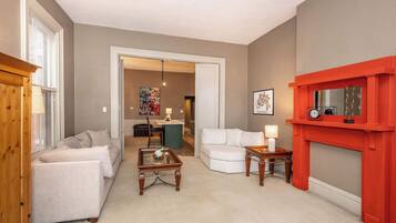 House, 1 King Bed, Fireplace, City View | Living area | TV, fireplace