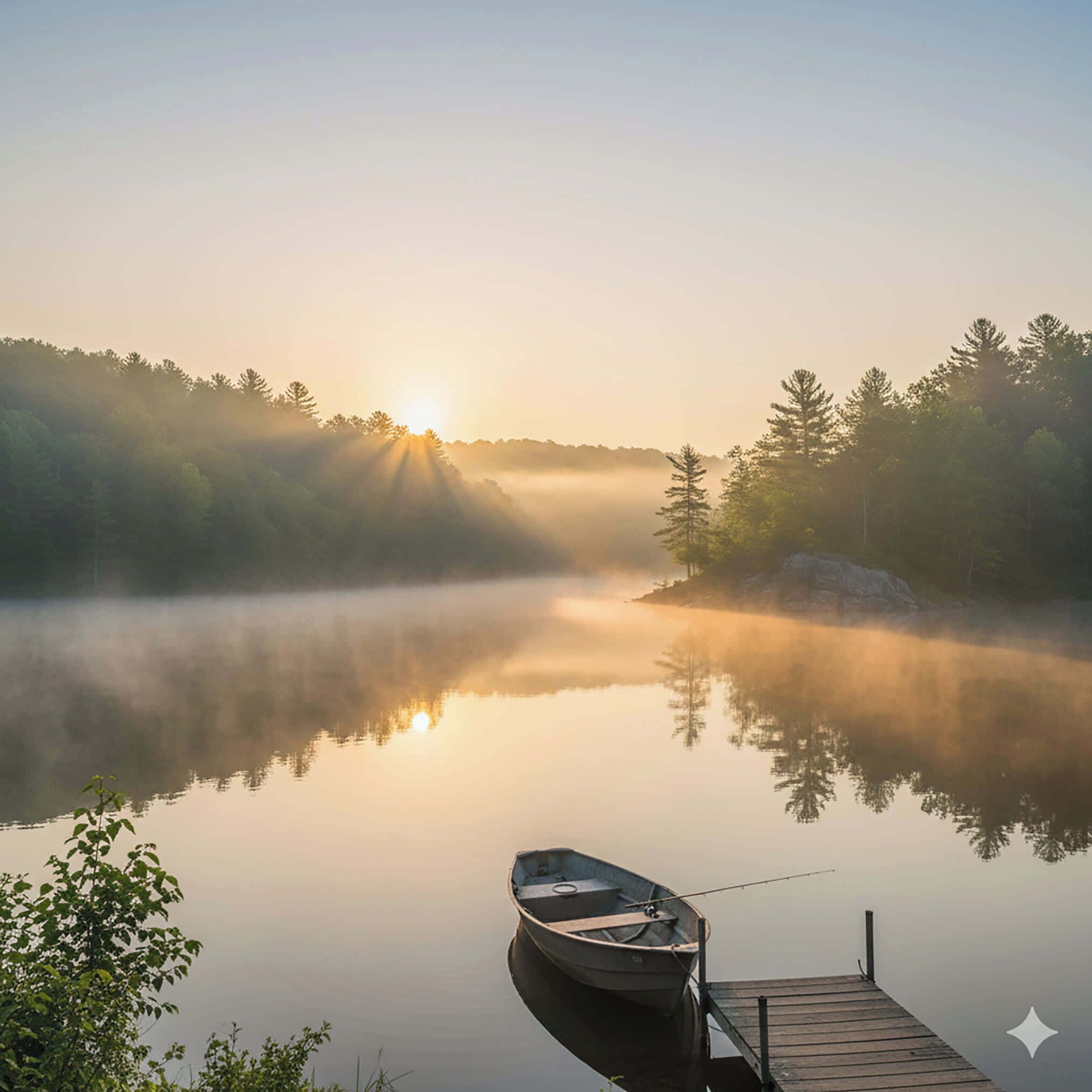 Un lago tranquilo al amanecer con un bote amarrado a la derecha.