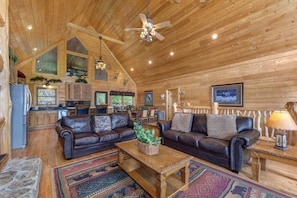 Cabin, Multiple Beds, Hot Tub, Mountain View (Cabin On The Edge) | Living area | 65-inch flat-screen TV with digital channels, fireplace - Cabin w/ Hot Tub, Theater & Views - Sleeps 22 (Sevierville)