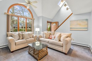 House, Multiple Beds, Hot Tub, Garden View | Living area | 50-inch flat-screen TV with cable channels, TV, fireplace - Falmouth Escape (East Falmouth)