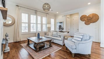 House, Multiple Beds, Pool Access | Living area | TV, fireplace