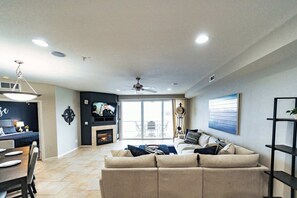 Condo, Multiple Beds, Balcony, Beach View (Happy Haven @ Lands End) | Living area | 42-inch flat-screen TV with digital channels, fireplace