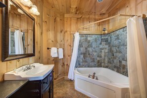 Cabin, Multiple Beds, Pool Access, Mountain View (Little Cub Retreat) | Bathroom | Jetted tub, hair dryer, towels - Little Cub Retreat - Private Hot Tub & Indoor Pool (Gatlinburg)