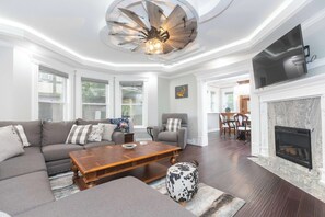 House, Multiple Beds, Patio, Garden View (It’s Showtime) | Living area | 85-inch flat-screen TV with digital channels, fireplace - Its Showtime Historic Downtown Geneva Escape! (Lake Geneva)