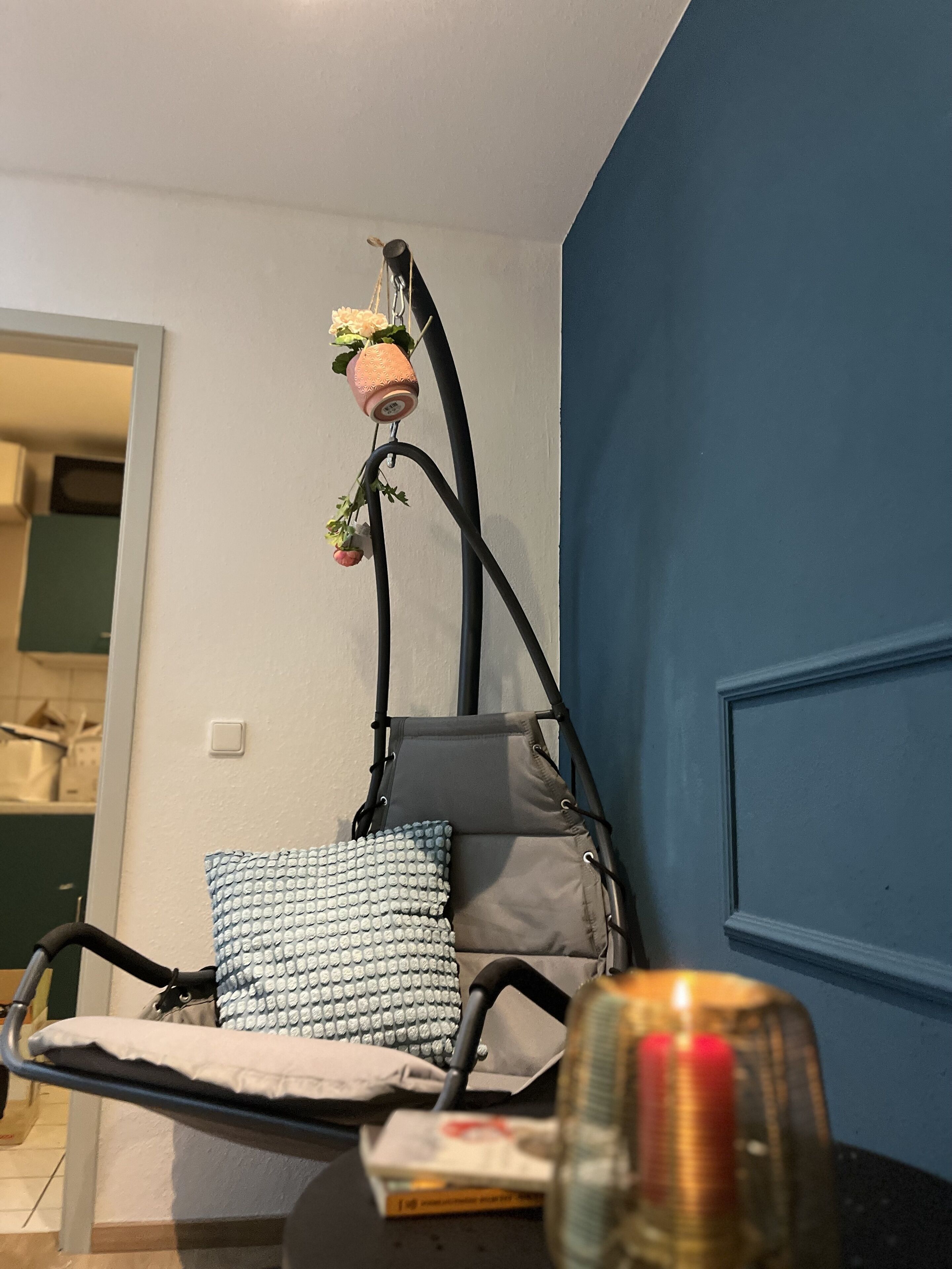 A room with a hanging chair, a small potted plant, a pillow, and a bottle on a table.