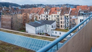 Zona residencial con una hilera de casas adosadas, instalación de paneles solares y una barandilla metálica en primer plano.