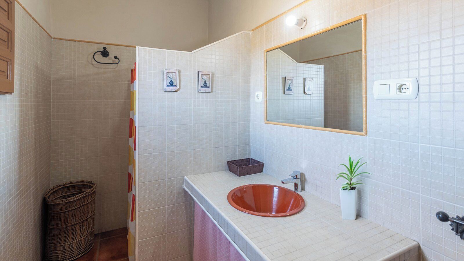 A bathroom with a white tiled wall, a large mirror, a red sink, a small plant, and a wicker basket.