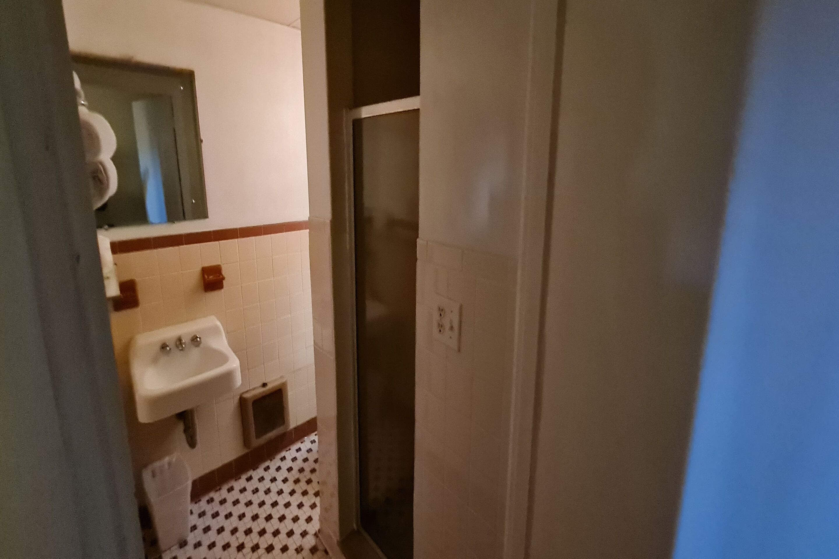 Une petite salle de bain avec un lavabo, un miroir et une douche.