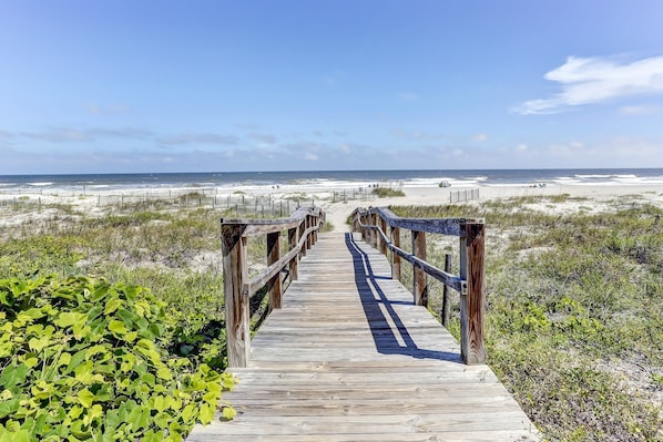 On the beach, sun-loungers, beach towels