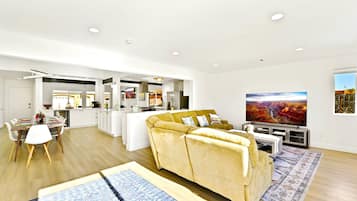 Smart TV, lareira, livros, biblioteca musical