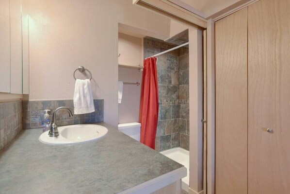 Un baño con lavamanos, ducha y puerta de madera.