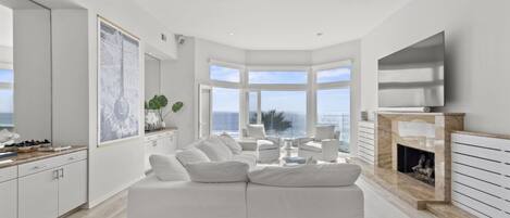 TV connectée, cheminée, livres, chaßne hi-fi