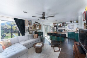 Smart TV, fireplace, books