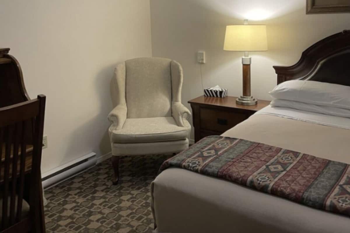 A hotel room with a bed, a chair, a nightstand with a lamp, and a patterned carpet.