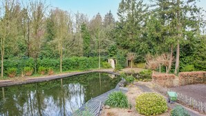 Ein friedlicher Garten mit Teich, Holzterrasse und diversen Pflanzen.