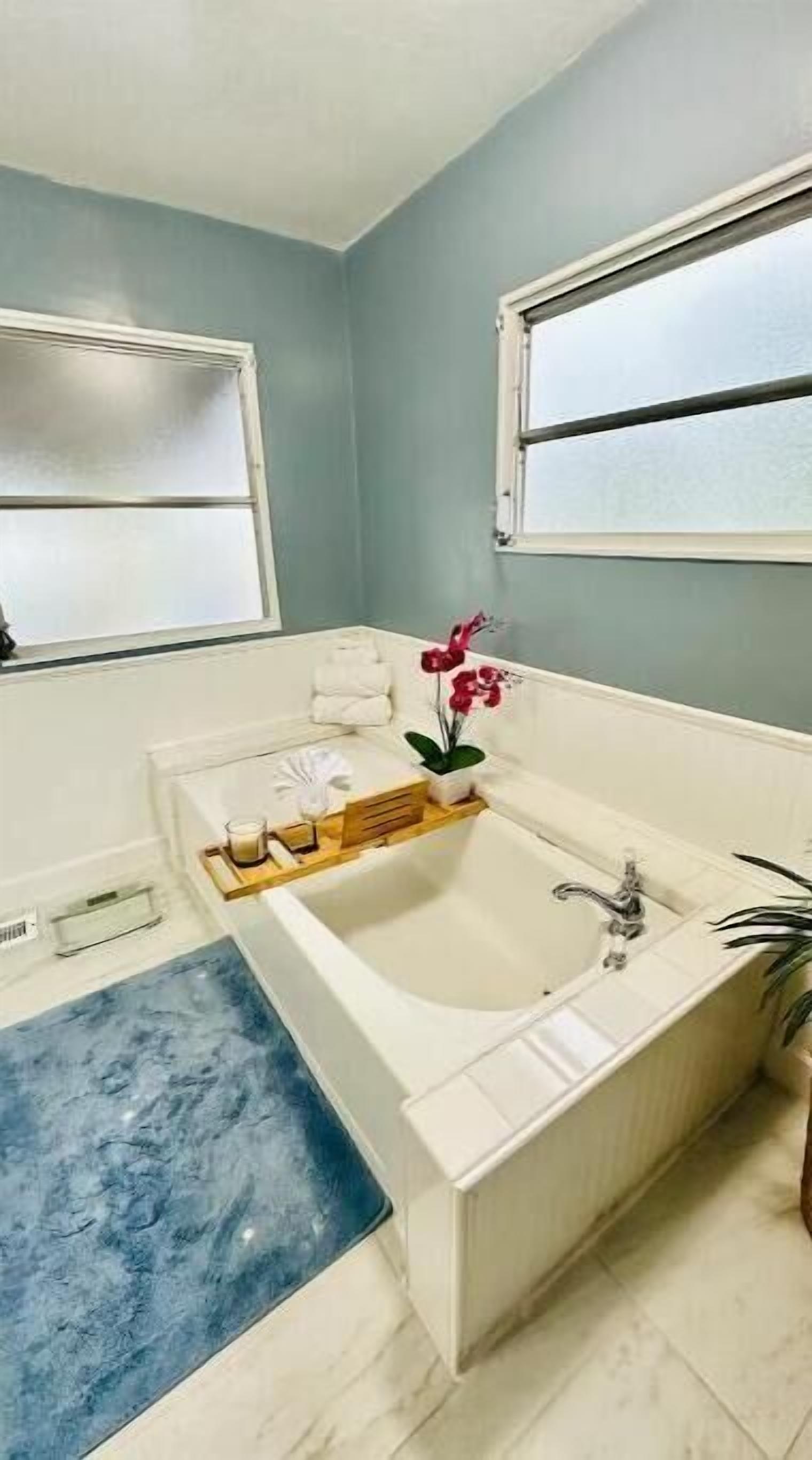 Un baño con una bañera, una ventana y un tapete azul.