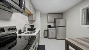 A compact kitchen with a stove, sink, and modern appliances. - Modern 2BD Apartment Near Royal Oak (Hazel Park)