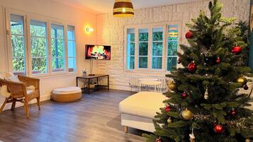 TV, fireplace, foosball