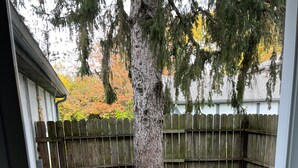 A patio with two wicker chairs and a small table, a wooden fence, and a tree in the background.