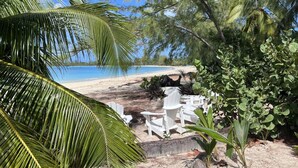 A beachside seating area with white chairs and tables, surrounded by tropical foliage and a clear view of the ocean. - Hibiscus House Oceanfront Paradise in Fernandez Bay (New Bight)