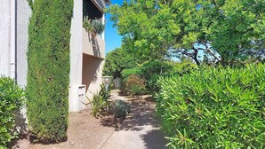 Un edificio con un estrecho sendero que lleva a una entrada cubierta, rodeado de abundante vegetación y árboles.