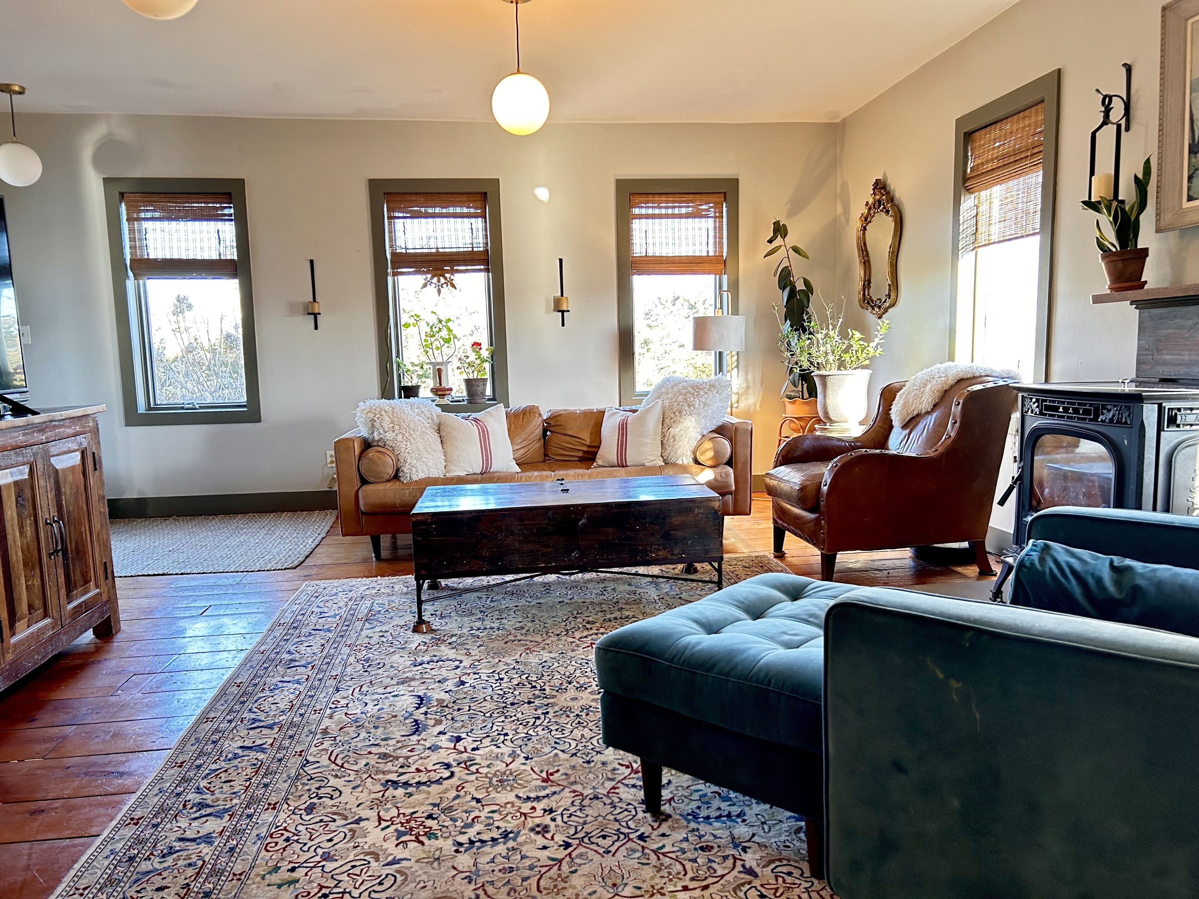 Smart TV, fireplace, books, stereo