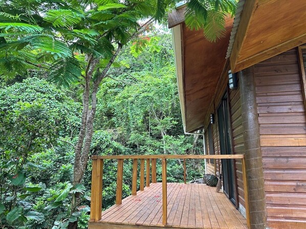 A wooden deck with a railing, surrounded by lush greenery and a wooden building with a sloped roof. - Latui Loft, Forest hideaway minutes from Savusavu town (Savusavu)