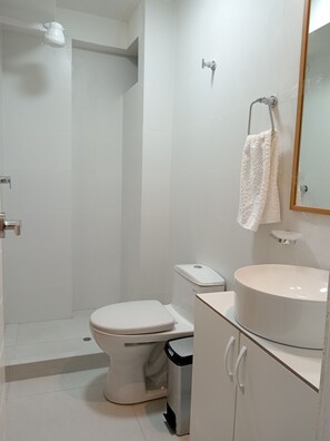 Dusch, bidé, handdukar och tvål