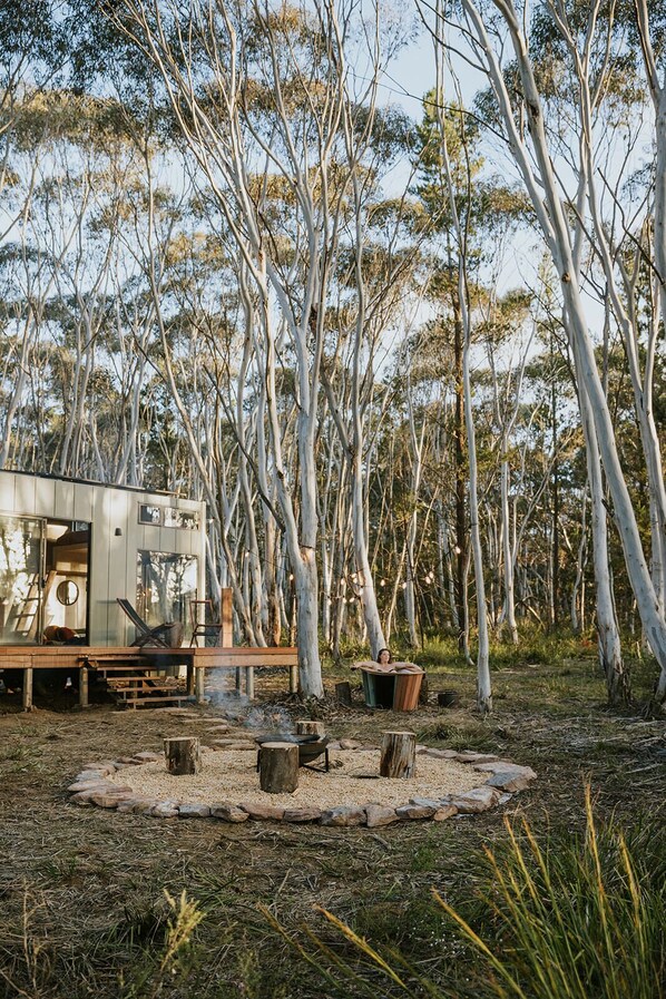 A rustic cabin with a deck, surrounded by eucalyptus trees.