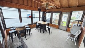 Huoneessa on puinen katto, pyöreä pöytä jakkaroineen, tikanheitotaulu ja suuret ikkunat.