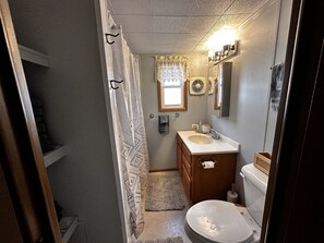 Hair dryer, towels, soap, shampoo